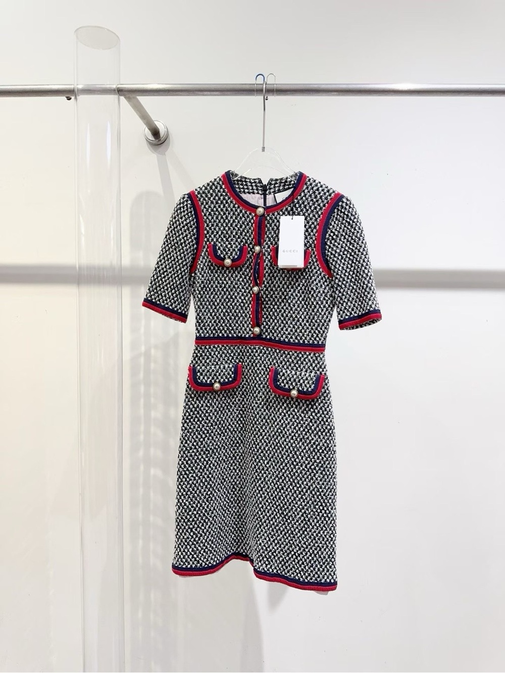 Gucci Black & White Tweed Dress with Red Trim